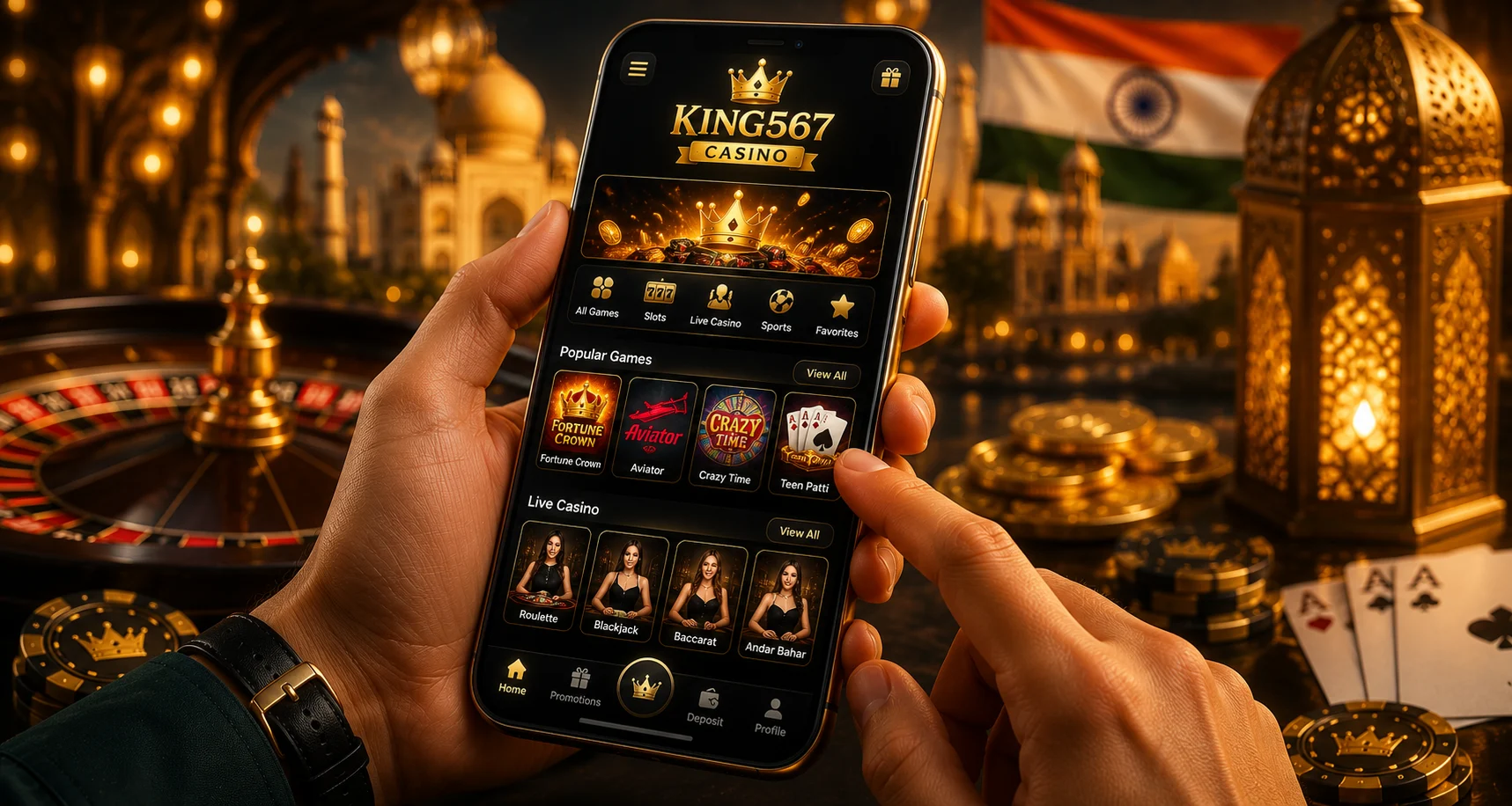 King567 mobile interface with Live Casino and Cricket Exchange options in India